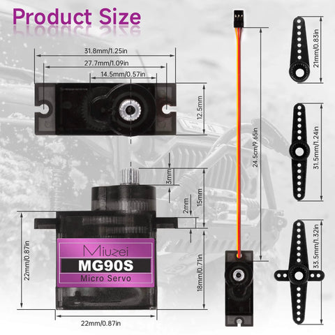 Dimensions and parts of MG90S 9G Micro Servo Motor With Metal Gear for RC cars, robots, helicopters, and Arduino projects