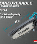Close-up of 18V LXT Brushless Cordless 6 Inch Pruning Saw For Yard Work with precision bar and chain.