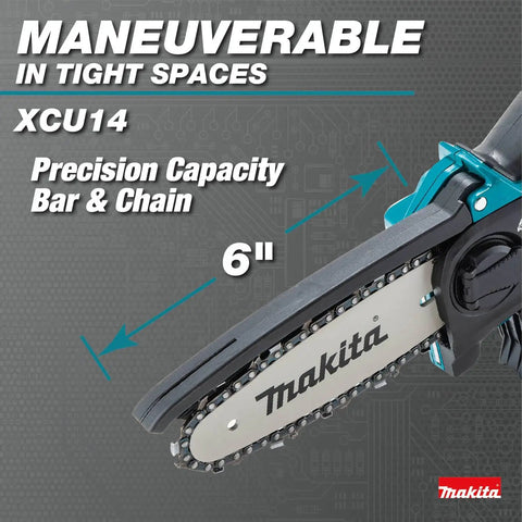Close-up of 18V LXT Brushless Cordless 6 Inch Pruning Saw For Yard Work with precision bar and chain.