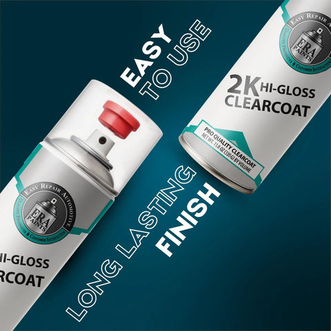 Two ERA Paints 2K Hi-Gloss Clearcoat spray cans with red spray nozzles for automotive finish.