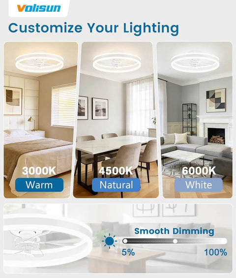 Compact 20in Bladeless Ceiling Fan With Dimmable Led Light And Wifi App Control Low Profile Flush Mount showing customization options.
