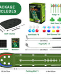 Upgraded Indoor Golf Putting Mat Set With LED Balls And Glow Cups, Irons And Putters, detailed package contents displayed