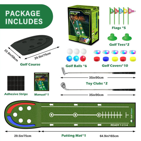 Upgraded Indoor Golf Putting Mat Set With LED Balls And Glow Cups, Irons And Putters, detailed package contents displayed