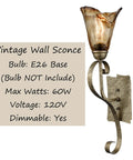 Rustic Wall Sconce Vanity Light With Amber Glow Glass Shade; vintage metal fixture, rubbed bronze, E26 base info visible