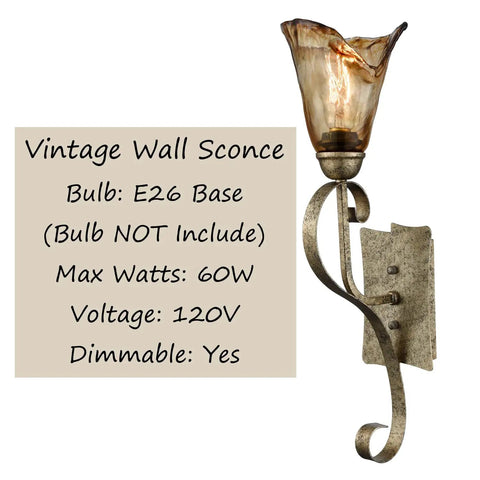 Rustic Wall Sconce Vanity Light With Amber Glow Glass Shade; vintage metal fixture, rubbed bronze, E26 base info visible