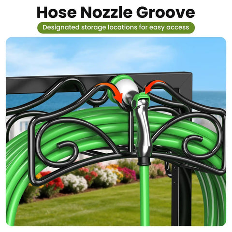 Heavy Duty Freestanding Garden Hose Holder Built To Last With Thick Gauge Metal For Outdoor Use, nozzle groove detail