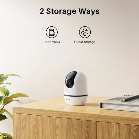 4MP Indoor Security Camera With Pan Tilt, Baby Monitor And Pet Cam on wooden shelf, showing storage options, WiFi Home Surveillance