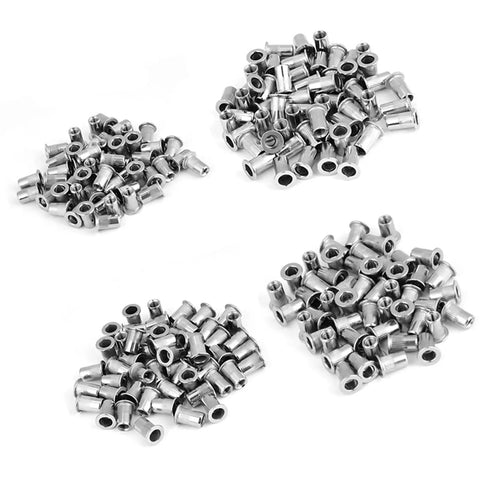 Knock Out Quality Stainless Steel Rivet Nut Kit With M3 M4 M5 M6 Threaded Inserts arranged in piles for metalworking and DIY builds.