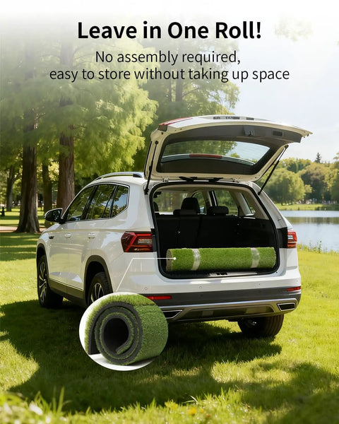Dual Turf Golf Mat With Ball Tray And Alignment Guide, rolled in car trunk, easy transport for indoor outdoor swing training