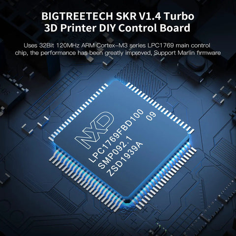 Close-up of Turbo 32Bit 120MHz Control Board for 3D printers showing LPC1769 chip, compatible with Klipper and Marlin, on blue circuit.