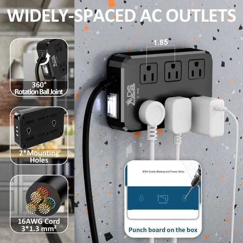 Weatherproof Outdoor Power Strip With Six Wide AC Outlets And Three USB Ports USB C And USB A Six Foot Extension Cord Wall Mountable