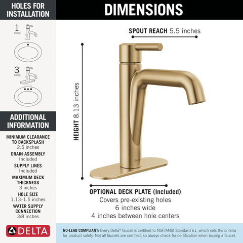 Nicoli Brushed Gold Bathroom Faucet With Champagne Bronze Finish showing dimensions and installation holes information