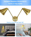 Dimmable Plug-In Wall Sconce Set of 2 in Vintage Brass, Adjustable Swing Arm Lamps with Cord Dimmer for Chill Bedroom Reading Light