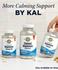 Three KAL magnesium supplement bottles on a table with a hand picking one up, promoting calming support, available on Amazon.