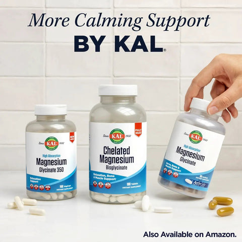 Three KAL magnesium supplement bottles on a table with a hand picking one up, promoting calming support, available on Amazon.
