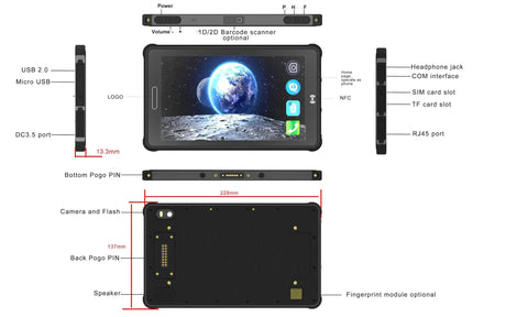 Hardcore Rugged Android 11 Tablet With 8GB Ram And 256GB Storage, showing ports and buttons for industrial use.