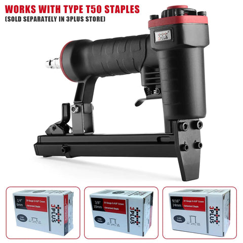 Lightweight Pneumatic 20 Gauge Upholstery Stapler For T50 Staples From One Quarter Inch To Nine Sixteenths Inch, shown with boxes of compatible staples
