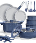 27 Piece Ceramic Nonstick Cookware Set With Detachable Handles For Easy Low Oil Cooking RV And Camping Ready Pots And Pans Blue