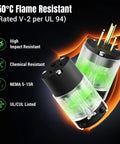 8 Piece Lighted Extension Cord End Replacements Set For NEMA 5-15P To NEMA 5-15R, 15 Amp 125 Volt, 2 Pole 3 Wire Grounding, Straight Blade, 360 Degree LED Power Indicator, DIY Friendly, UL Listed, Black, translucent plug close-up