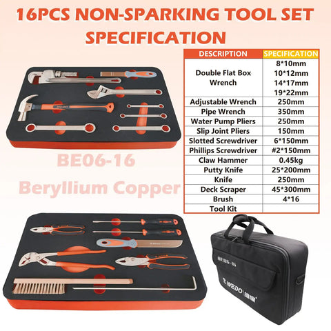 Non Sparking 16 Piece Pro Grade Tool Set With Beryllium Copper Tools shown in foam tray and carry bag, specifications listed.