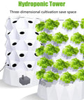 Eight-Tier Vertical Hydroponic Garden Tower For Home Use With Modular 8-Story Design, 48/64/80 Pot Capacity, shown with greenery