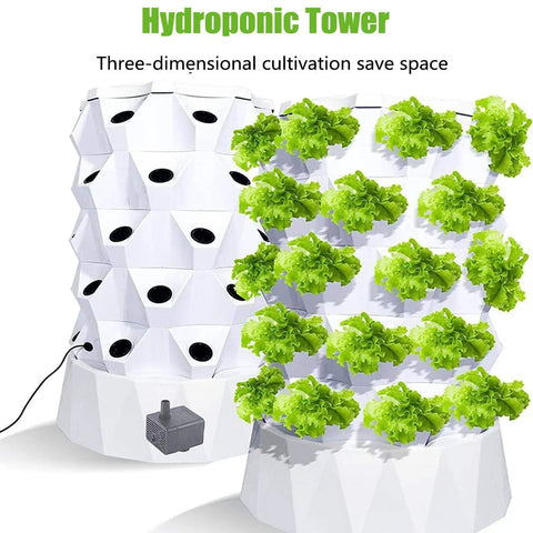 Vertical Hydroponics Tower Kit with 10 Tiers, automated watering, growing healthy green plants indoors, stackable system.