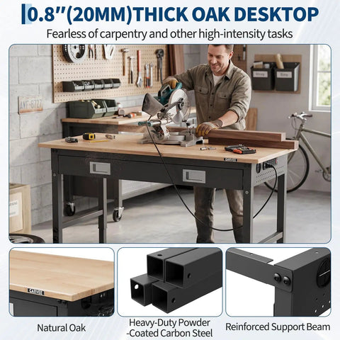 48 Inch Adjustable Rubberwood Workbench With Built In Power Outlets Lockable Casters Heavy Duty Metal Frame Scratch Resistant Surface