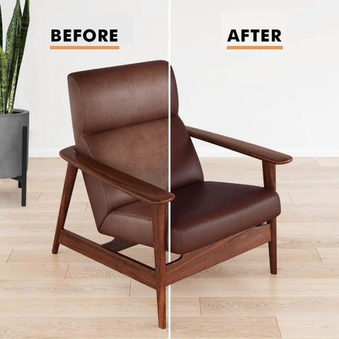 Leather armchair before and after using Leather Recoloring Balm For Couches And Furniture Color Restorer And Scratch Remover Easy Leather Repair Kit For Sofas Bring Back Color Make It Look New Hide Scratches Repair Leather Spots And Extend Sofa Life