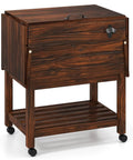 Front view of a wooden patio cooler cart with 54 quart capacity, rolling beverage bar on wheels with bottle opener and drain plug.