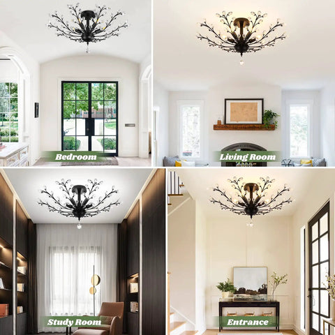 Five Light Crystal Chandelier In Matte Black With Edison E12 Base, 30 Inch Modern Semi Flush Mount Ceiling Fixture In Various Rooms