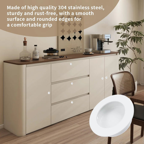 Living room cabinet with Recessed Cabinet Pulls 2 Inch Round White Flush Door Pulls Stainless Steel Finger Handles installed.