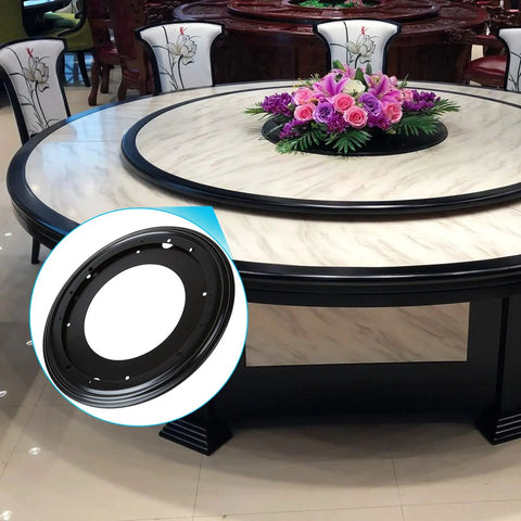 Rock Solid Four Pack Of Twelve Inch Lazy Susan Bearings Forged From Heavy Duty Galvanized Steel Delivers Thousand Pound Load Capacity For Tough Corner Shelving And Quick Serve Display Tiers, shown on a round table.