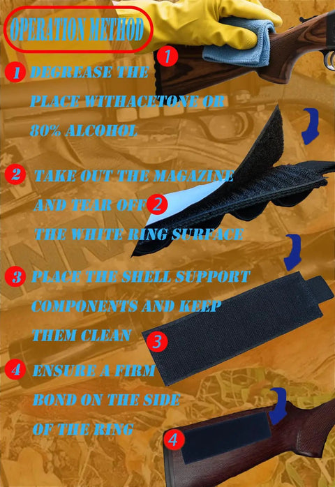 Instructions for installing Side Saddle Shotgun Shell Carrier showing adhesive attachment on wooden buttstock.