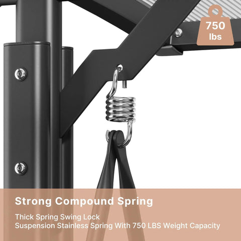 Close-up of suspension spring on Three Seat Patio Swing With Canopy 2 In 1 Convertible Bed Heavy Duty Outdoor Porch Swing Chair