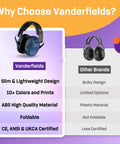Comparison of Vanderfields and other brands heavy duty hearing protection ear muffs with 31 dB noise reduction features.