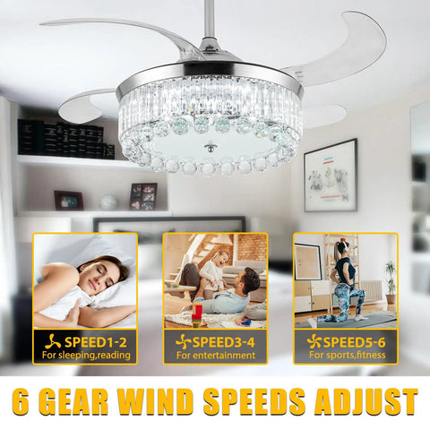 42 Inch Reversible Crystal Ceiling Fan With Lights And Remote Control, Stepless Dimming LED Chandelier Style Ceiling Fan