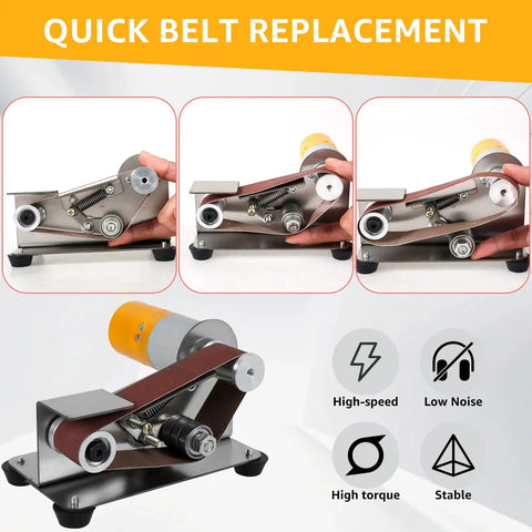 Quick belt replacement for Pro Grade Mini Belt Sander, showing metal components and user handling the tool.