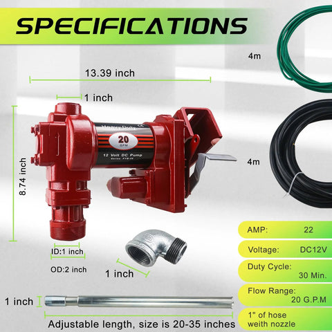 12V Fuel Transfer Pump With Manual Nozzle 20 GPM High Flow DC Powered Heavy Duty Workhorse For Gasoline Diesel Kerosene Biodiesel And More With Filter Included, showing size specifications and components