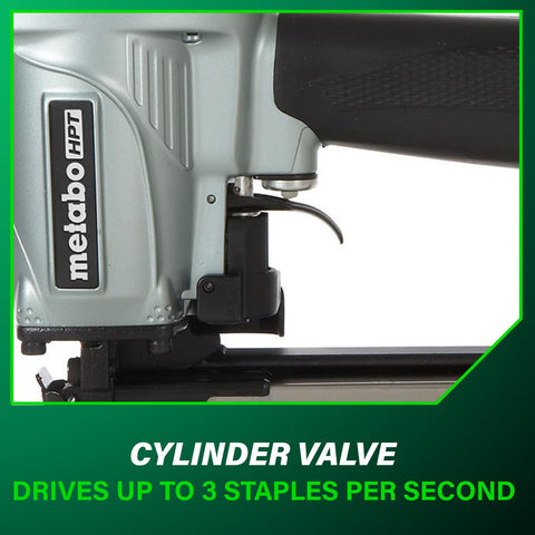 Close-up view of a 16 gauge wide crown pneumatic stapler for sheathing and insulation, showing cylinder valve.