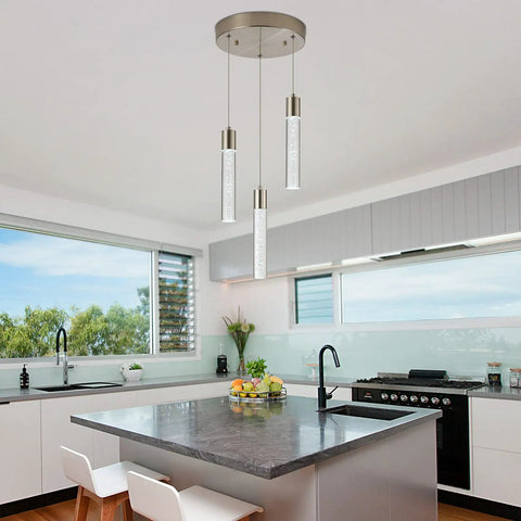 Three Light Pendant Fixture In Sleek Silver Finish above kitchen island, dimmable integrated pendant lights, bright soft ambience