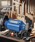 8 Inch Heavy Duty Bench Grinder Packed With A 1 HP Induction Motor And Sealed Bearings showing dual cast iron rests and guard switch.
