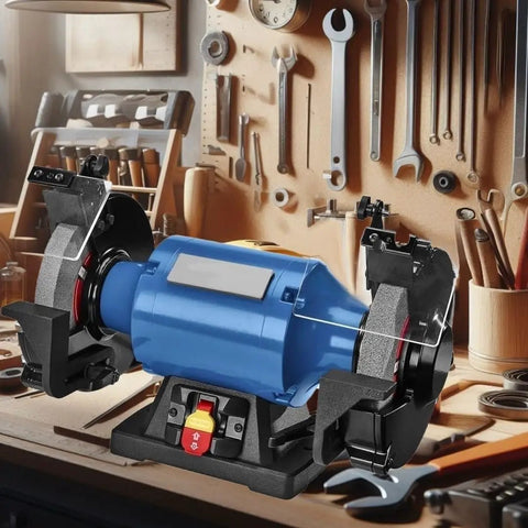 8 Inch Heavy Duty Bench Grinder Packed With A 1 HP Induction Motor And Sealed Bearings showing dual cast iron rests and guard switch.
