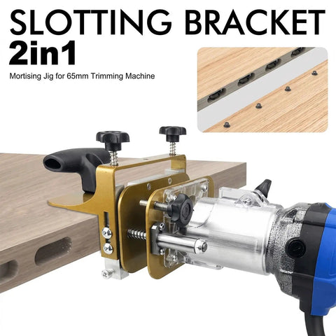 Rugged Mortise And Tenon Jig With Greaseless Linear Track For Router Slotting Locator adjustable fixture mounted on wood.