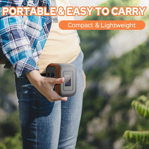 Person holding Portable Power Station 120W With 97.6Wh Battery AC Outlet USB C And USB A Ports 12V DC Outdoor Generator
