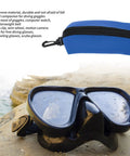 Neoprene Dive Mask Storage Case Pouch For Goggles And Sunglasses, Shock Resistant Gear Bag And Travel Organizer, Compact Pouch For Glasses And Small Gadgets, Blue, shown with dive goggles on a rock.