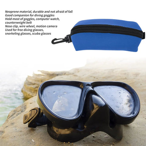 Neoprene Dive Mask Storage Case Pouch For Goggles And Sunglasses, Shock Resistant Gear Bag And Travel Organizer, Compact Pouch For Glasses And Small Gadgets, Blue, shown with dive goggles on a rock.