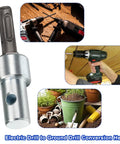Heavy Duty 3/4 Inch Garden Earth Auger Drill Adapter With 2 Slot Shank, shown alongside drill examples and gardening tools.