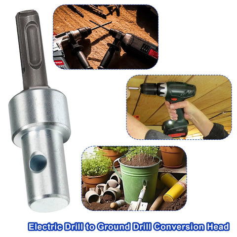 Heavy Duty 3/4 Inch Garden Earth Auger Drill Adapter With 2 Slot Shank, shown alongside drill examples and gardening tools.