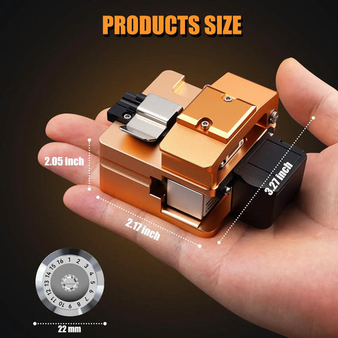 Hand holding Workhorse S09 High Precision Optical Fiber Cleaver With 16-Port Tungsten Steel Blade, showing dimensions and blade close-up