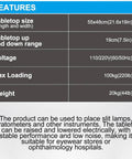 Heavy Duty Motorized Optometry Lift Table Boasting Slick Electric Height Adjustment Compatible With Slit Lamps And Auto Refractometers For Modern Eye Care Offices features table specifications.